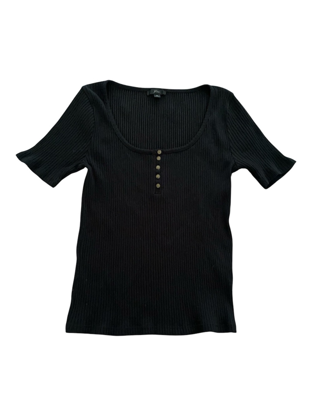 J. Crew Black Ribbed Scoop-Neck Short Sleeve Top with Button Placket